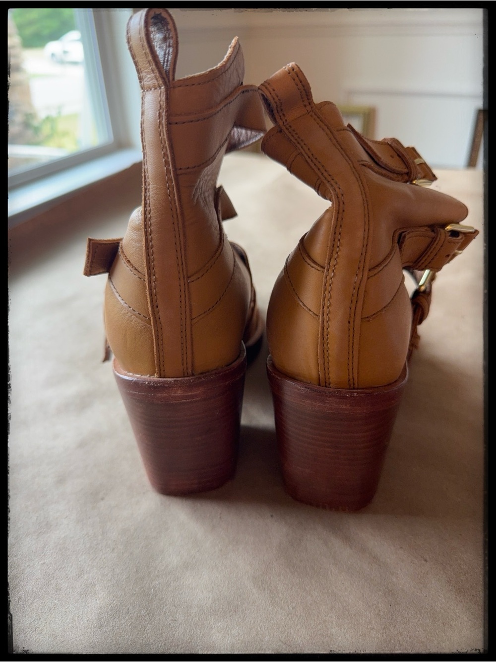 Free People Leather Gladiator Sandals Buckle Strappy Block Heel Tan Boho 39 - Picture 2 of 5